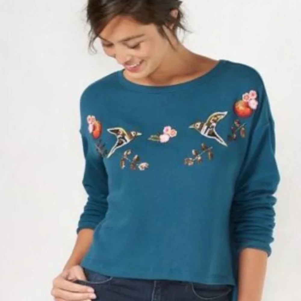 LC Lauren Conrad Teal Sweater with Embroidered Birds